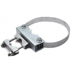 Pole clamp with tensioning strap attachment to objects up...