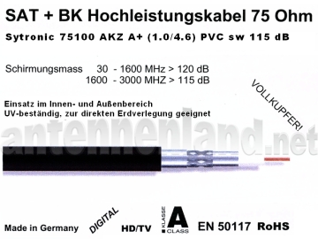 Meterware Sytronic 75100 AKZ 1.0/4.6 3S A+ PVC sw - RG6 SAT+BK Hochleistungskabel