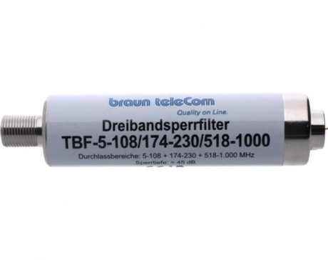 TBF-5-108/174-230/518-1000 - Dreiband Filter, Durchlassbereich 5-108 + 174-230 + 518-1000 MHz, FM-FF, rund